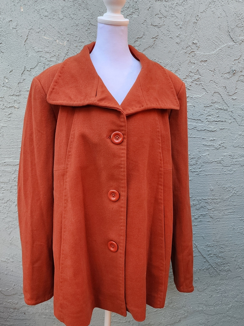 Burnt Orange Wool Blend Pea Coat Cowl Wide Collar Jacket